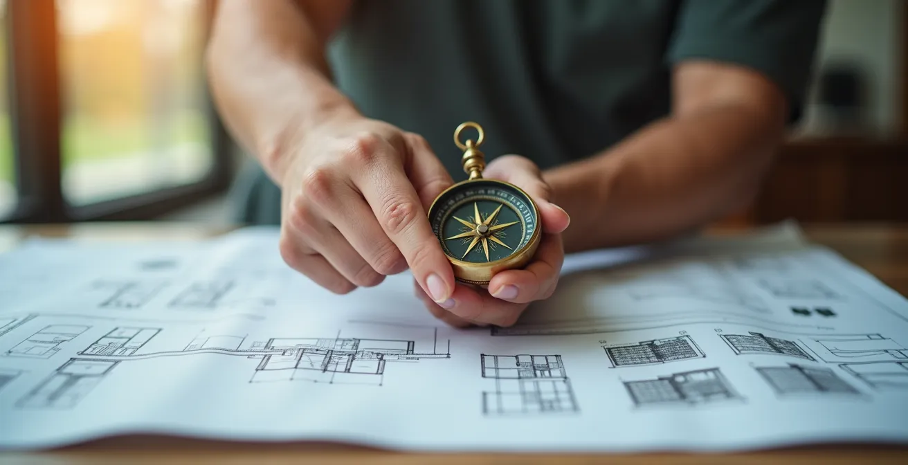 Gros plan sur des mains tenant une boussole avec plans architecturaux en arrière-plan flou