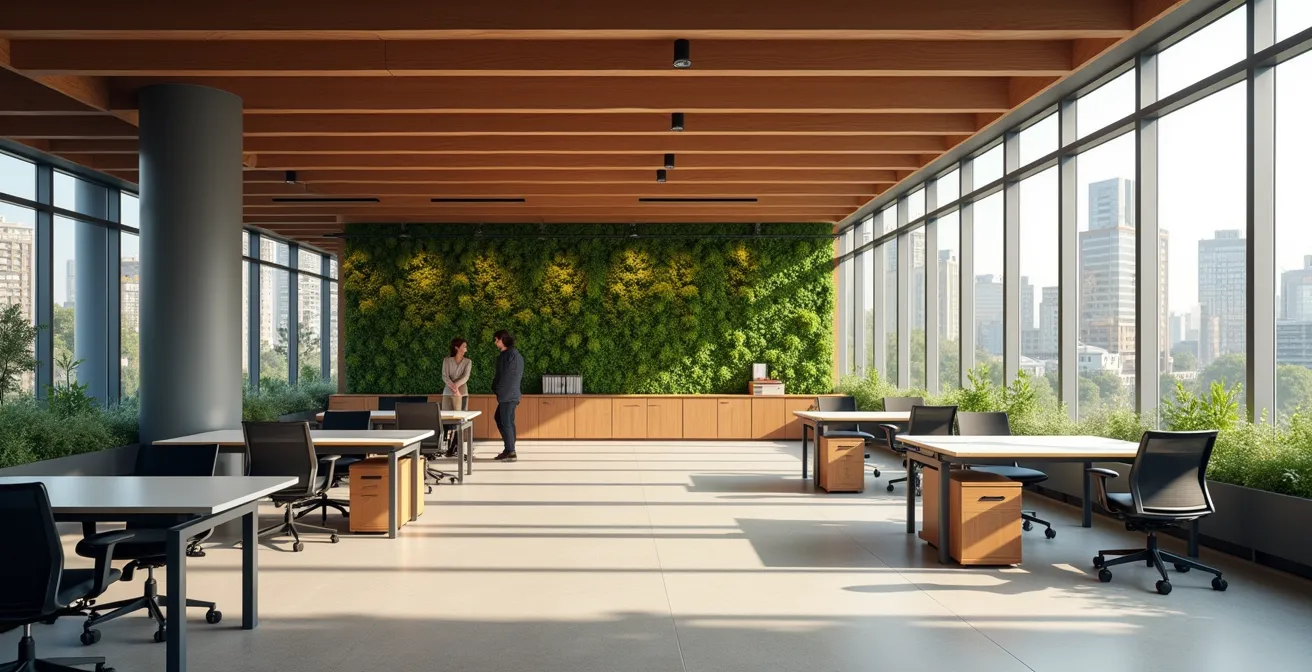 Vue d'ensemble d'un open space lumineux avec végétation et matériaux durables
