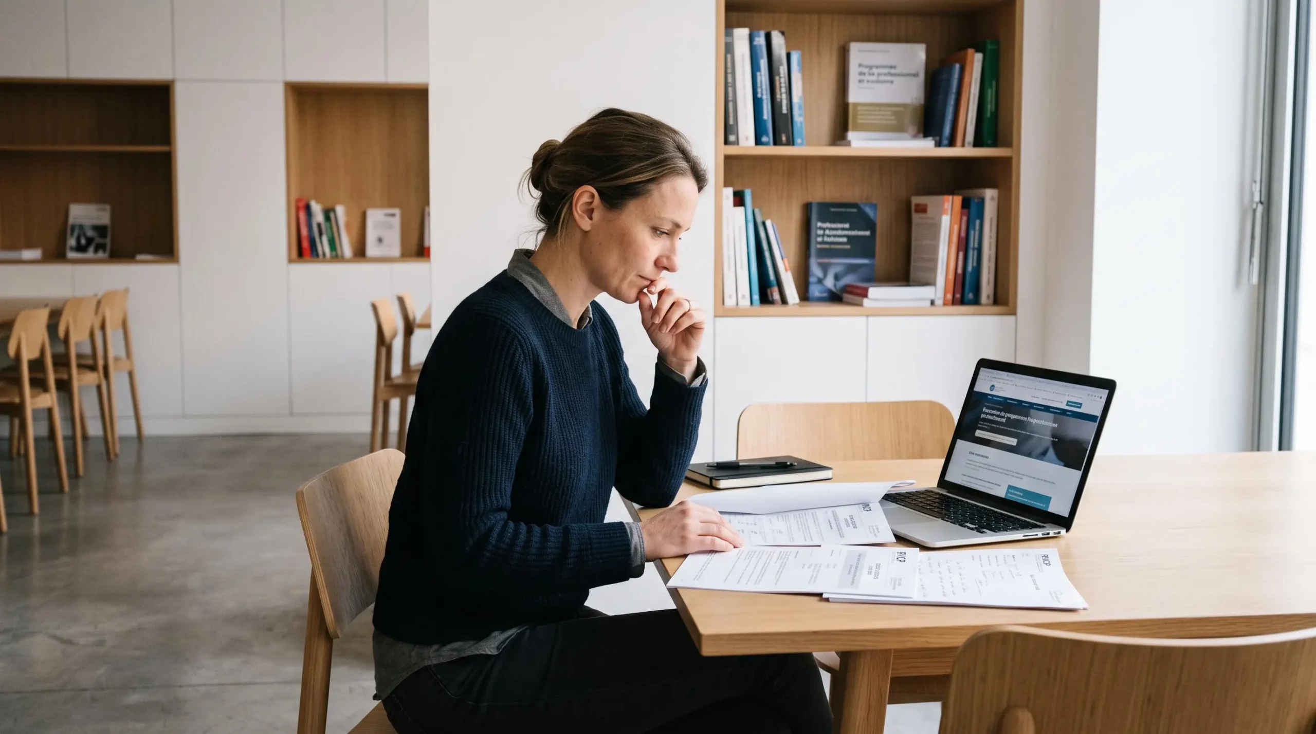 Femme de 35-40 ans consultant des documents de certification RNCP et un ordinateur portable dans une salle d'étude calme d'école de formation professionnelle