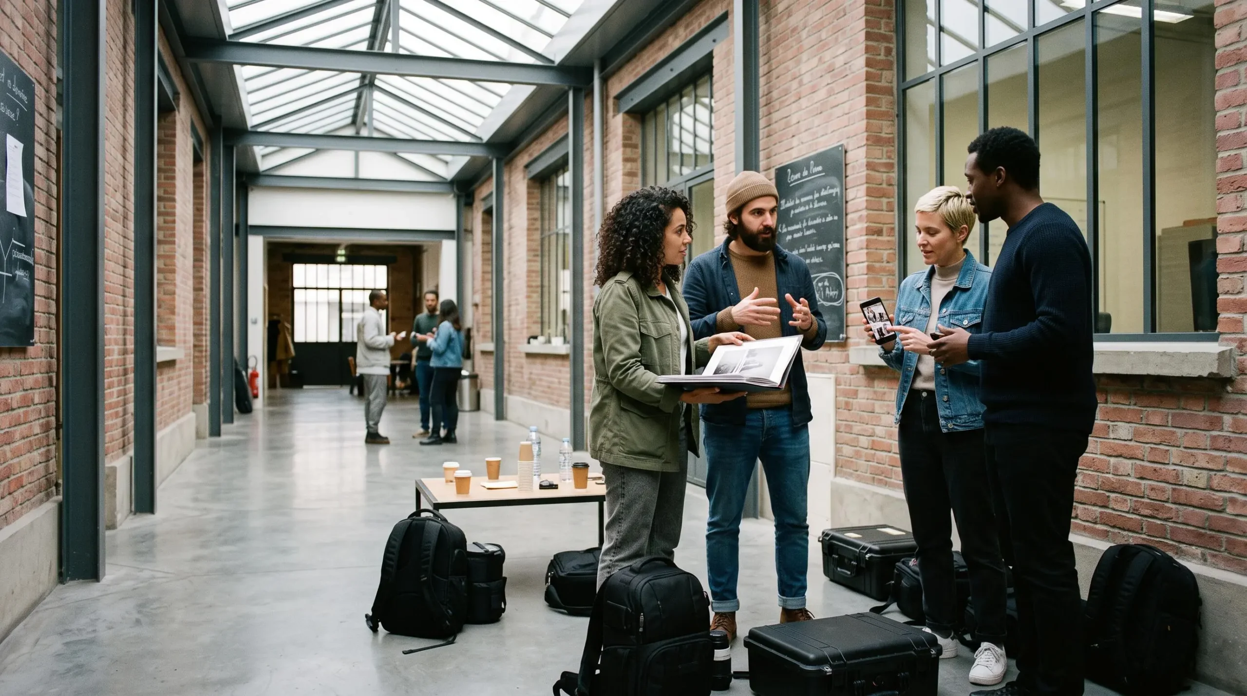 Groupe d'apprenants en formation photographique échangeant de manière informelle dans un espace commun d'école parisienne, portfolios et smartphones en main