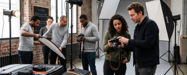 Session de formation photographique professionnelle en petits groupes dans une école parisienne, avec apprenants et formateur travaillant autour d'un setup studio d'éclairage professionnel