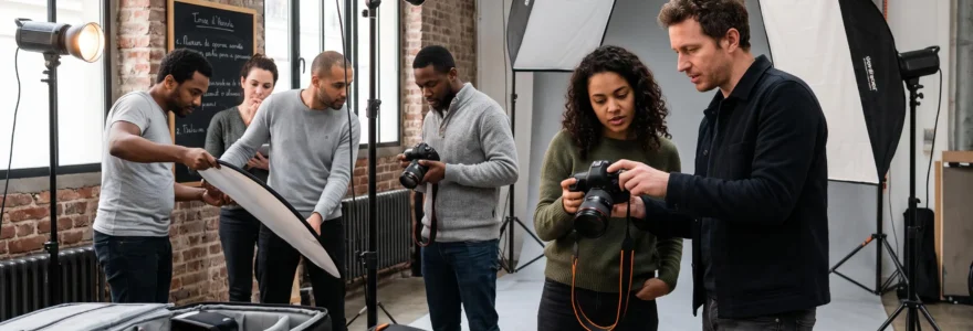 Session de formation photographique professionnelle en petits groupes dans une école parisienne, avec apprenants et formateur travaillant autour d'un setup studio d'éclairage professionnel